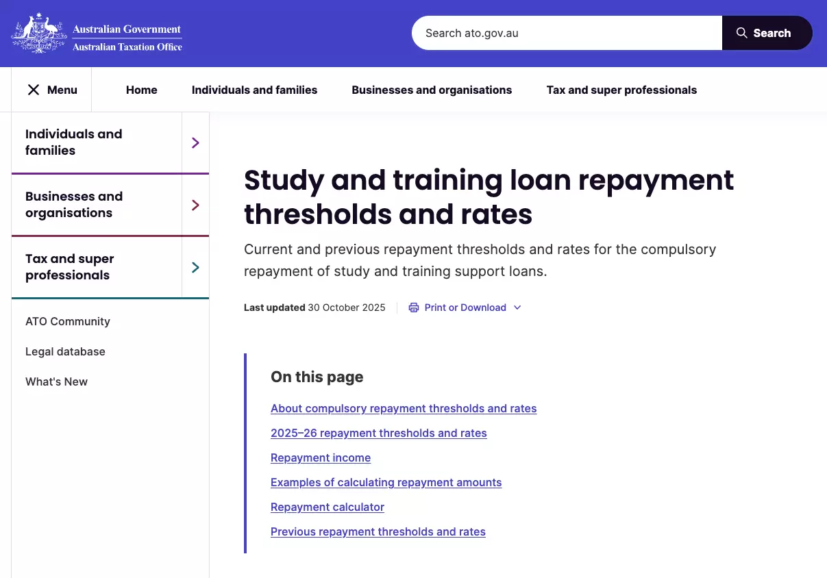 ATO Study and Training Loan repayments and rates